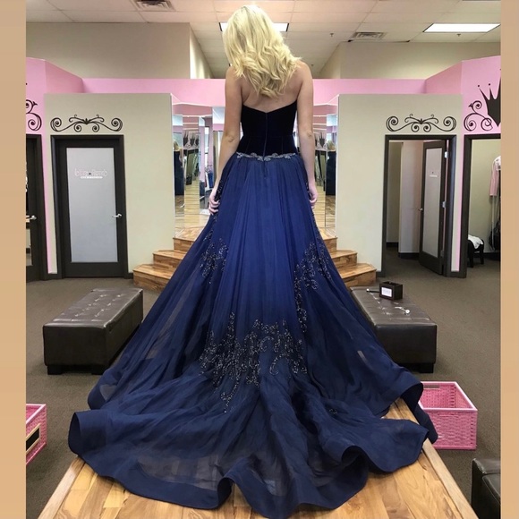 SOLD Sherri Hill Couture Navy Velvet Evening Gown - Picture 2 of 6